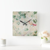 キヅタおよび鳥はレトロの壁紙を設計します スクエア壁時計 (ホーム)