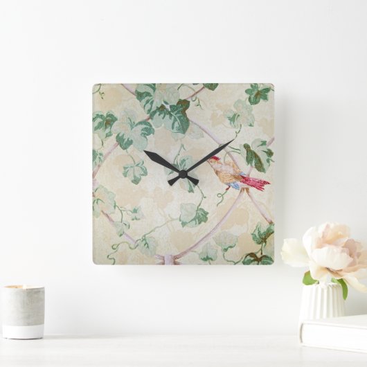 キヅタおよび鳥はレトロの壁紙を設計します スクエア壁時計 (ホーム)