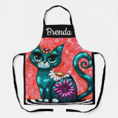 キティお洒落キャットオンラグフローラティール（緑がかった色） エプロン (正面)