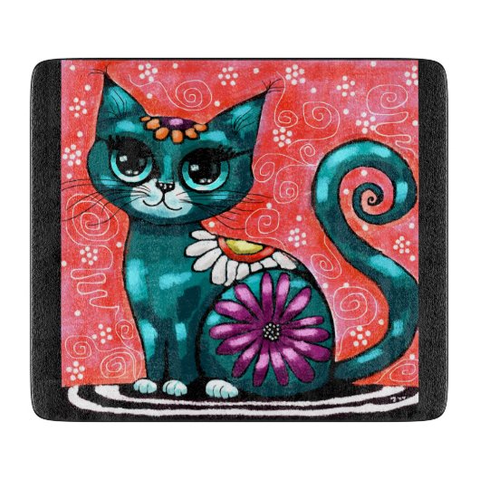 キティお洒落キャットオンラグフローラティール（緑がかった色） カッティングボード (正面)