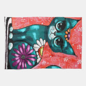 キティお洒落キャットオンラグフローラティール（緑がかった色） キッチンタオル (横)