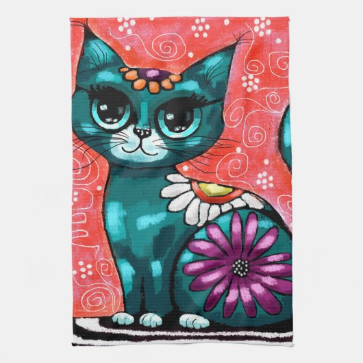 キティお洒落キャットオンラグフローラティール（緑がかった色） キッチンタオル (縦)