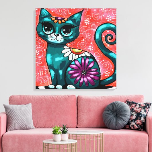 キティお洒落キャットオンラグフローラティール（緑がかった色） キャンバスプリント (インサイチュ (リビング))