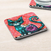 キティお洒落キャットオンラグフローラティール（緑がかった色） コースター (左側)