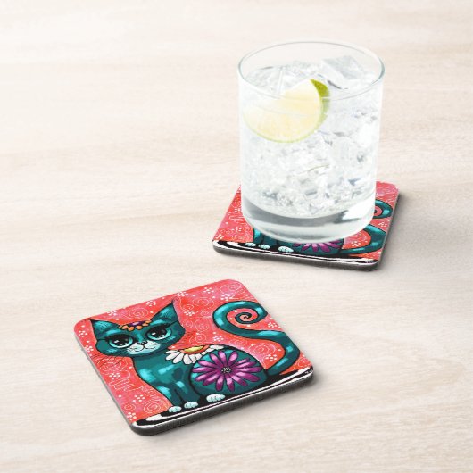 キティお洒落キャットオンラグフローラティール（緑がかった色） コースター (右側)