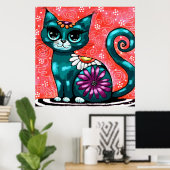 キティお洒落キャットオンラグフローラティール（緑がかった色） ポスター (ホームオフィス)