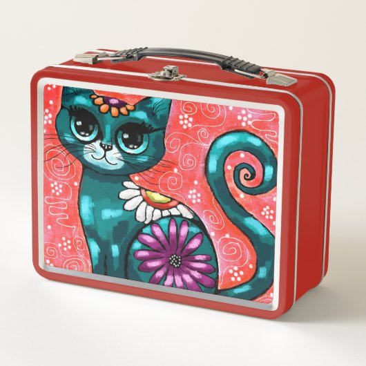 キティお洒落キャットオンラグフローラティール(緑がかった色) メタルランチボックス (正面)
