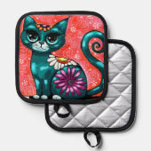 キティお洒落キャットオンラグフローラティール(緑がかった色) 鍋敷き (正面/裏面)