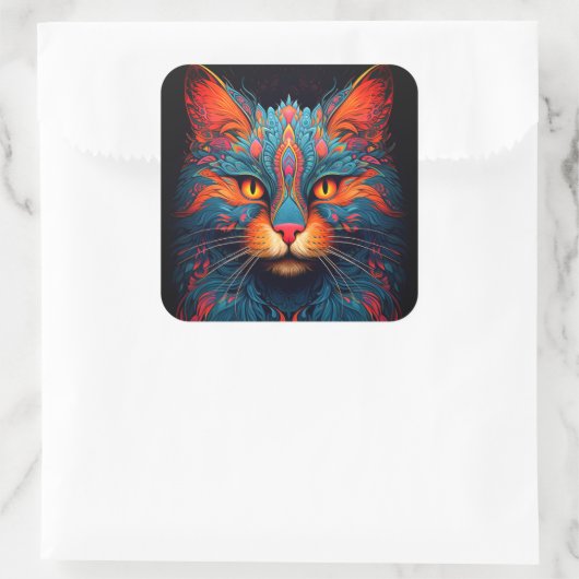 キティカラフルネコ動物サイケデリックファンタジー スクエアシール (バッグ)