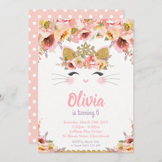 キティキャットバースデーパーティープリンセス子猫 招待状 (正面/裏面)