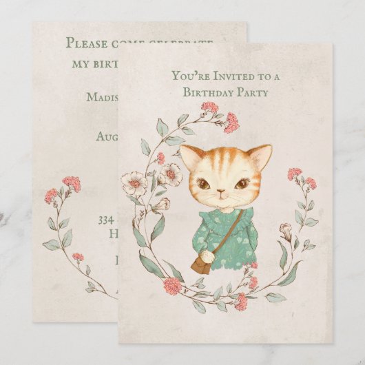 キティキャットフローラガーリーキットン誕生日パーティー 招待状 (正面/裏面)