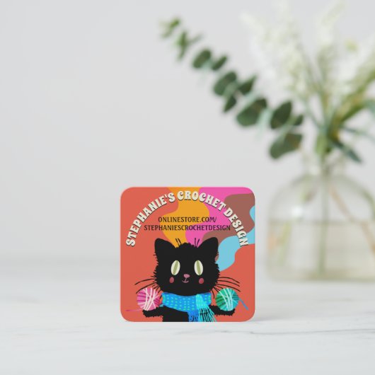 キティキャットヤーンレインボークロチェット編み物ホームスプン スクエア名刺 (スタンド正面)
