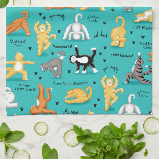 キティキャットヨガポーズカラフルターコイズブルーおもしろい キッチンタオル (折り畳み)