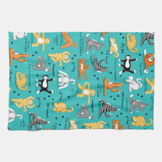 キティキャットヨガポーズカラフルターコイズブルーおもしろい キッチンタオル (横)