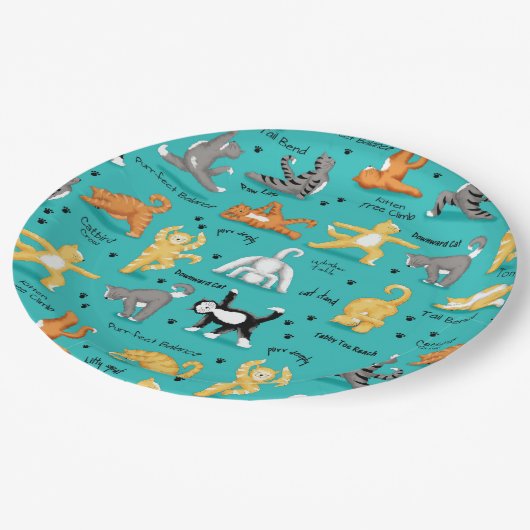 キティキャットヨガポーズカラフルターコイズブルー ペーパープレート (アングル)