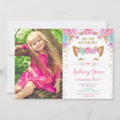 キティ猫の子猫ピンク金ゴールドグリッターの誕生日の写真 招待状 (正面)