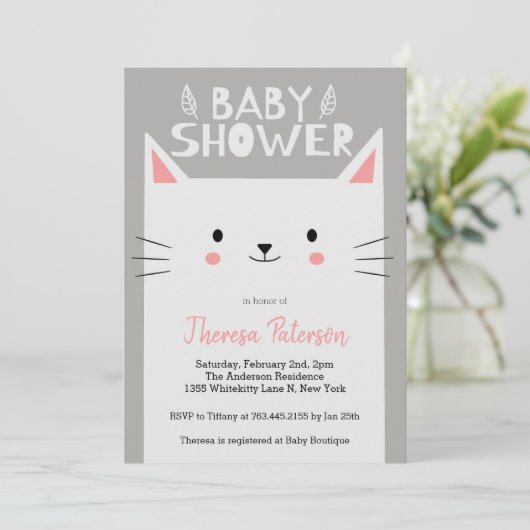キティ猫の赤ちゃんシャワー男女兼用 招待状 (スタンド正面)