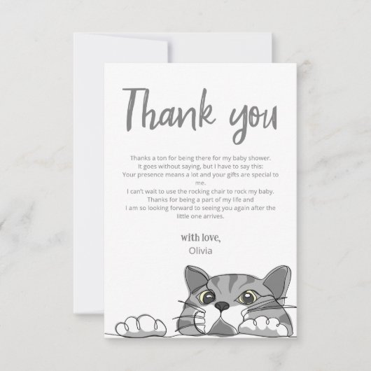 キティ猫の赤ちゃん男女兼用シャワー感謝していユー サンキューカード (正面)