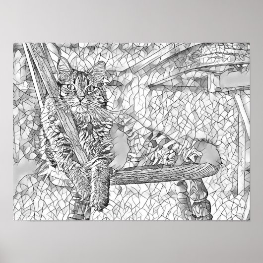 キティ猫チェアに座る抽象芸術アートカラーリング ポスター (正面)