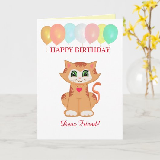 キティ猫誕生日が友人を願う カード (黄色い花)