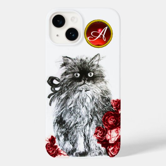 キティ猫、赤バラの付いた子猫ジェムモノグラム、白 Case-Mate iPhoneケース (裏面)