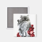 キティ猫、赤バラ付き子猫白黒 マグネット (正面/裏面)