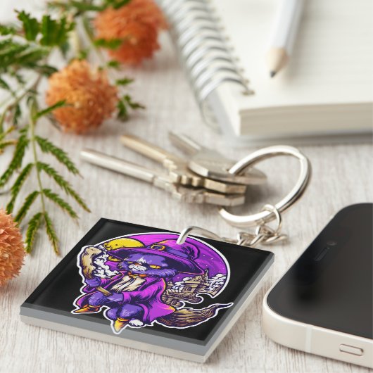 キティ飛んでいるキャットウィッチイラストレーション キーホルダー (正面右)