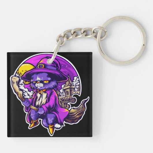 キティ飛んでいるキャットウィッチイラストレーション キーホルダー (裏面)