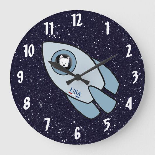キニアート宇宙ロケットドッグウェスティ ラージ壁時計 (正面)
