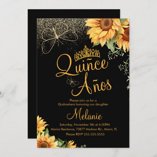 キニェスフェイクグリッターひまわり水カラー誕生日 招待状 (正面/裏面)