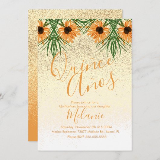 キニェスフェイクグリッターひまわり誕生日招待状 招待状 (正面/裏面)