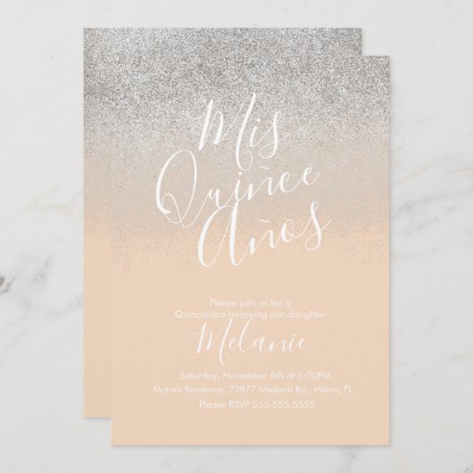キニェスフェイクグリッターダイヤモンドピーチシルバー誕生日 招待状 (正面/裏面)