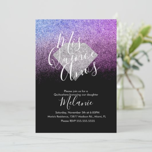 キニェスフェイクグリッターダイヤモンドブラックパープル誕生日 招待状 (スタンド正面)