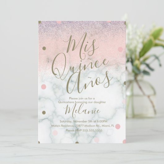 キニェスフェイクグリッタードット金ゴールドピンクマーブル 招待状 (スタンド正面)