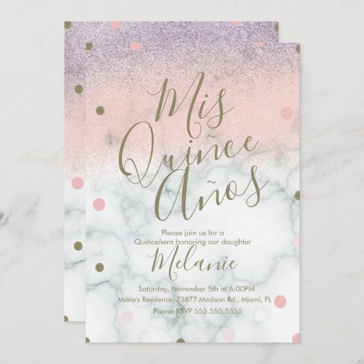 キニェスフェイクグリッタードット金ゴールドピンクマーブル 招待状 (正面/裏面)