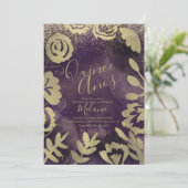 キニェフェイクグリッターパープルフローラ金ゴールド誕生日 招待状 (スタンド正面)