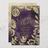キニェフェイクグリッターパープルフローラ金ゴールド誕生日 招待状 (正面/裏面)