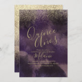 キニェフェイクグリッターパープル金ゴールド抽象芸術誕生日 招待状 (正面/裏面)