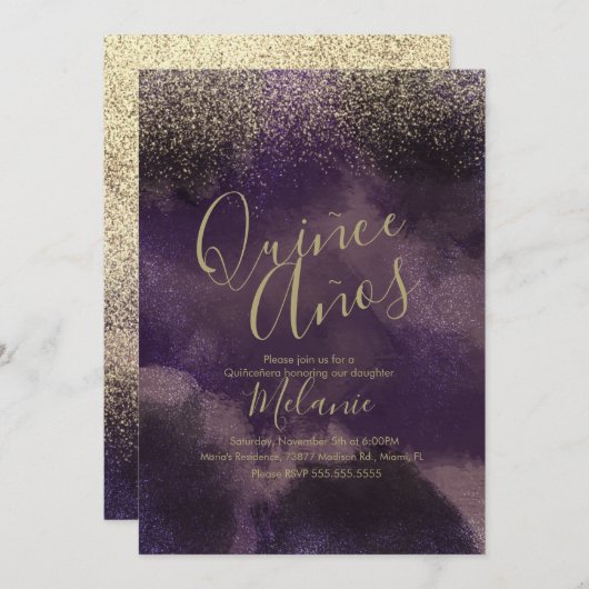 キニェフェイクグリッターパープル金ゴールド抽象芸術誕生日 招待状 (正面/裏面)