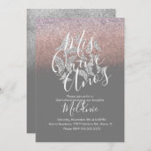 キニェフェイクグリッター蝶シルバー誕生日 招待状 (正面/裏面)