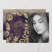 キニンスフェイクグリッター紫フローラ金ゴールド写真 招待状 (正面/裏面)