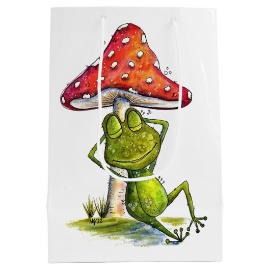キノコお洒落の下で眠るカエル ミディアムペーパーバッグ (裏面)