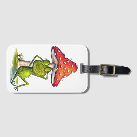 キノコお洒落の下で眠るカエル ラゲッジタグ (正面横)