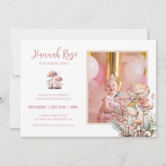 キノコかわいい赤面ピンクウッドランド写真誕生日 招待状 (正面)