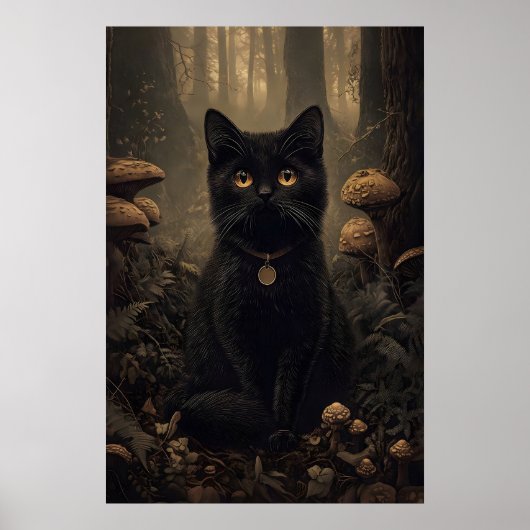 キノコが生えた暗い秋の森の黒猫 ポスター (正面)