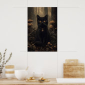 キノコが生えた暗い秋の森の黒猫 ポスター (キッチン)