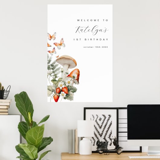 キノコとイチゴの誕生日ウェルカムサイン ポスター (ホームオフィス)
