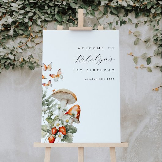 キノコとイチゴの誕生日ウェルカムサイン ポスター