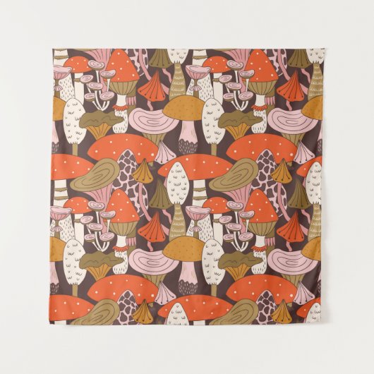 キノコとトマトの手描きシームレスなパターン タペストリー (正面)