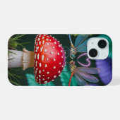 キノコと可愛いトンボ - iPhone 15ケース (裏面横)
